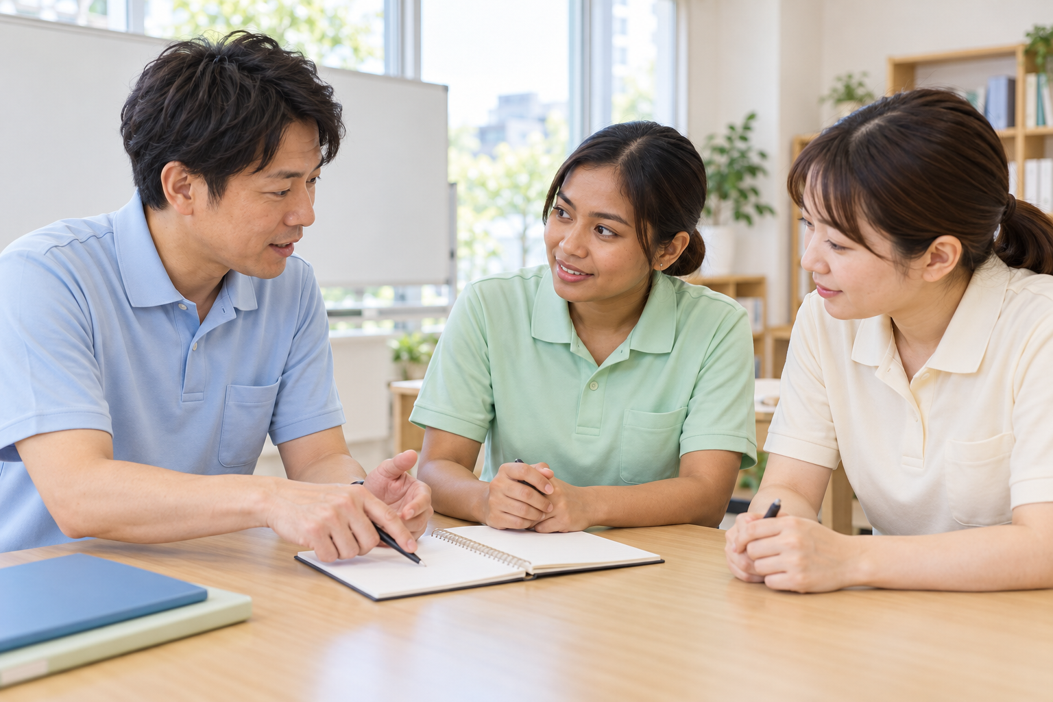 3人の介護職員がノートを囲んで申し送りを練習する様子（AI生成イメージ）